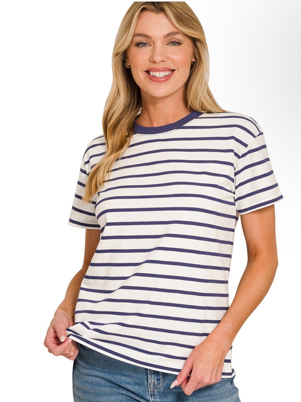 Zenana Outfitters White and Navy Striped Crewneck Tee